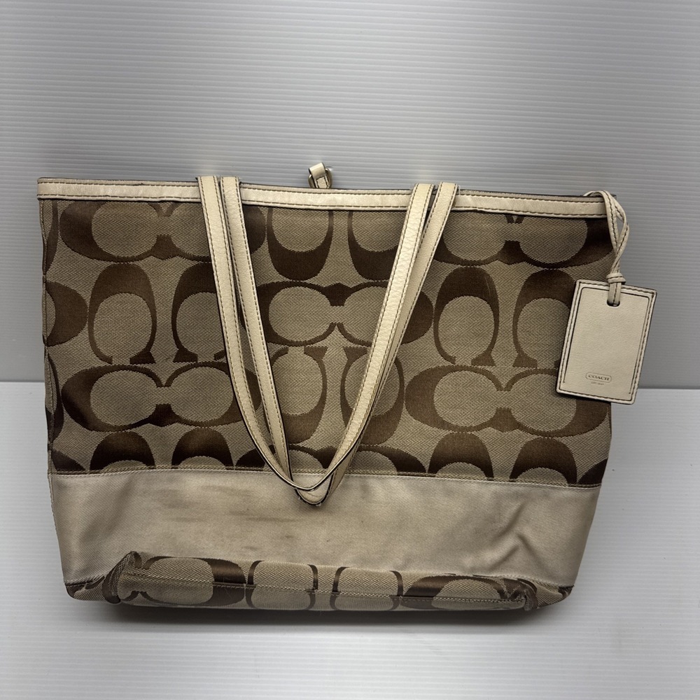 Coach Signature Khaki Canvas Cream Stripe Purse Tote 10125 - With Custom Initial